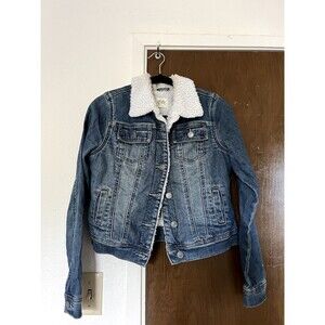 100% Cotton Denim Jacket Faux Sherpa Collar/Lined Warm Winter Jacket SZ Small
